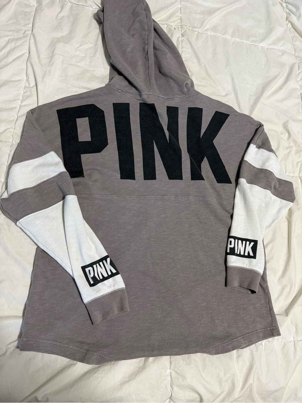 PINK Victoria's Secret Taupe Hooded Sweatshirt with White Sleeve Panels